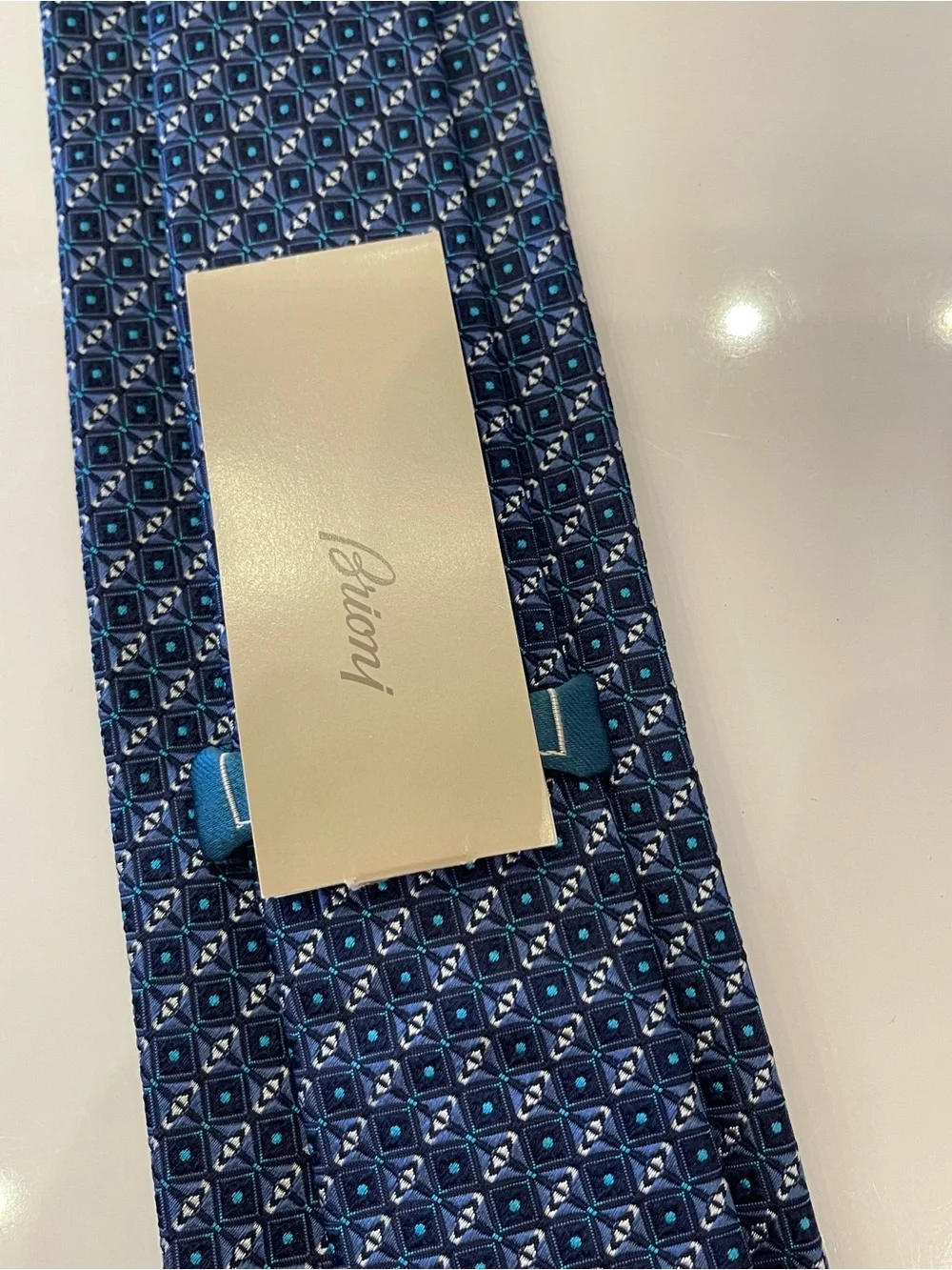 NWT Brioni Silk Tie Handmade in Italy Blue Geometric Pattern Luxury